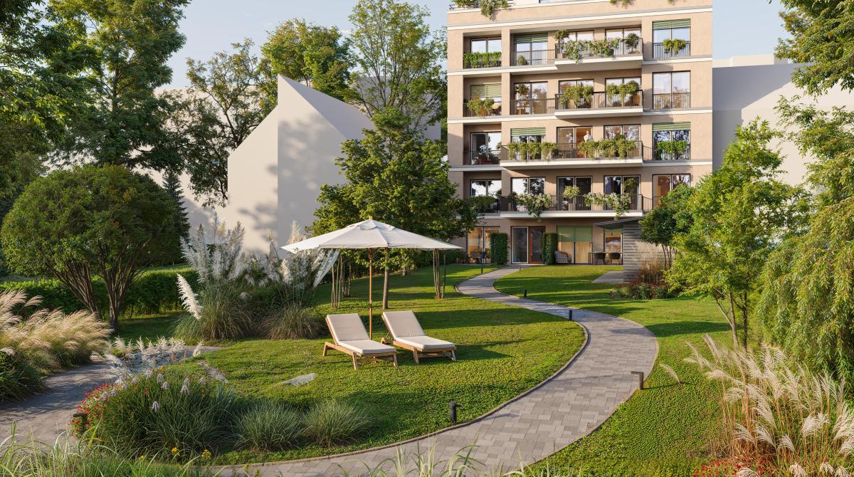 Fassade Südseite mit Blick in den Gemeinschaftsgarten 