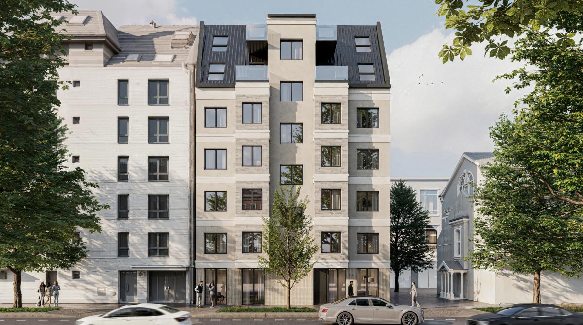 Straßenfassade fünfgeschossiges Mehrfamilienhaus