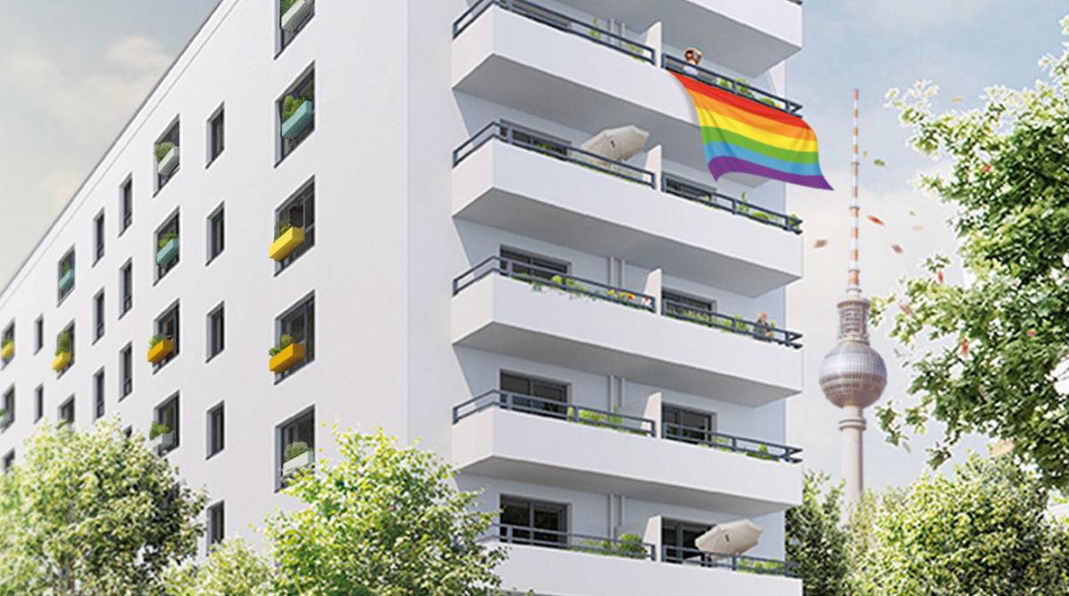 Fiktives 3D-Image des Hauses mit Regenbogenflagge, die von einem der Balkone weht.